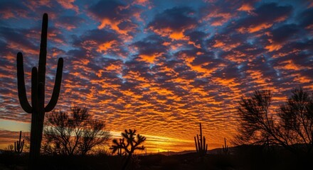 Vivid Desert Sunset With Saguaro Cacti and Dramatic Sky