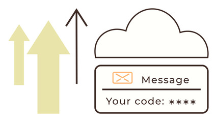 Envelope icon and verification code panel inside a cloud with upward arrows. Ideal for security, authentication, cloud storage, data transmission, messaging, privacy, digital communication. Simple