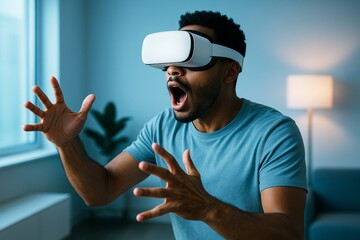 Man with surprised expression using virtual reality headset in modern room with soft light, showing immersive digital experience concept. Ai generative