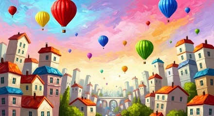 Naklejka premium Colorful Hot Air Balloons Flying Over a Charming Cityscape at Sunset