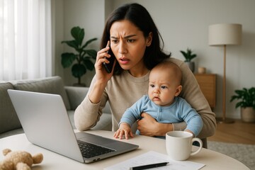 Worried mother multitasking with baby while on phone and using laptop at home, concept of remote work stress and parenting challenges. Ai generative