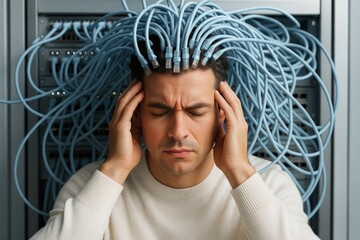 Man overwhelmed with data cables connected to his head symbolizing information overload and stress in a digital environment. Ai generative. Ai generative