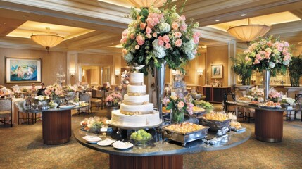 A beautifully arranged wedding buffet with tiered cake and floral decor, evoking romance and joy.