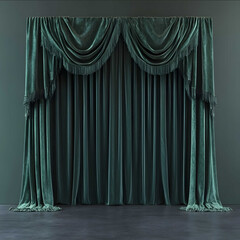 3D rendering of a photo zone a rectangular wide green velvet background with two curtains theatrical draperies picked up by textile tassels