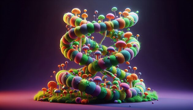 DNA multicolored mushrooms and green moss on purple background.