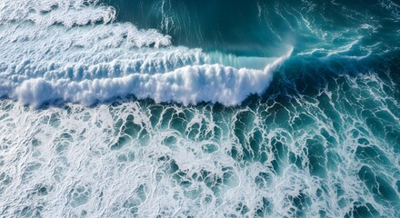 Aerial View of Powerful Ocean Waves Crashing with White Foam and Turquoise Water – Nature, Sea, Water Movement, Coastal Waves, and Ocean Energy Concept