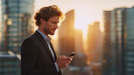Young professional male in business suit using fintech app on smartphone, early morning light and modern urban skyline