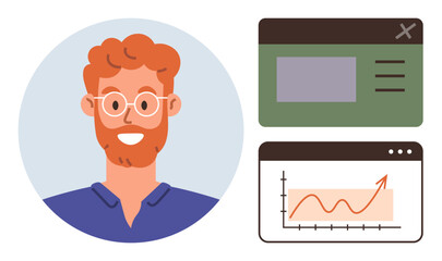 Smiling man with glasses, green dashboard panel, and graph showing upward trend. Ideal for analytics, technology, data visualization, user interface design, education, business growth simple landing