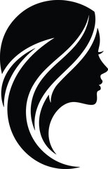 Silhouette profile of woman with flowing hair, black and white vector illustration, elegant minimalist design, fashion beauty concept, abstract art style