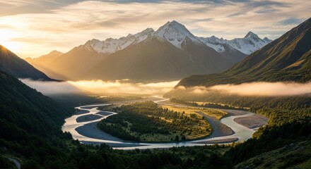 Golden Sunrise Over a Meandering River, Misty Valley, and Snow-Capped Peaks