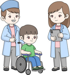 Two compassionate doctors, a man and a woman, attend to a cheerful young boy in a wheelchair. A positive and caring medical concept illustration