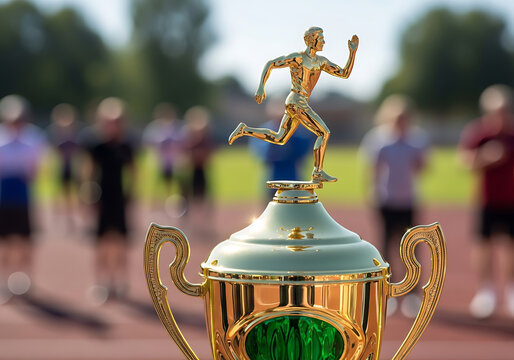 Golden runner trophy symbolizing victory and achievement in a running competition with blurred background