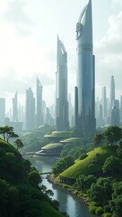 Fototapeta premium 3D render of futuristic skyscraper city skyline with innovative architecture, glass towers, sustainable green rooftops, urban real estate concept, no people