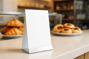 Blank table tent mockup in bakery interior with croissants and pastries in background for branding or menu display on countertop surface. Ai generative