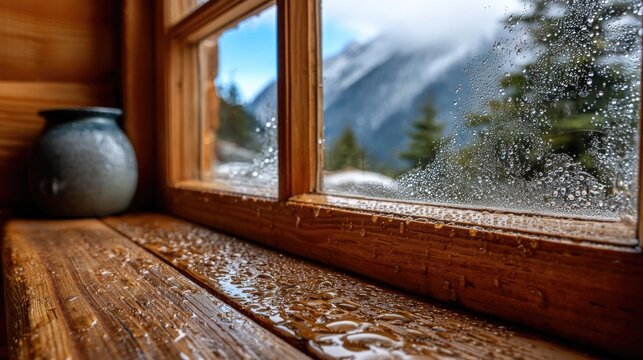 A cozy, close-up view of a wooden cabin window lightly covered in morning dew, each droplet catching the soft glow of daylight