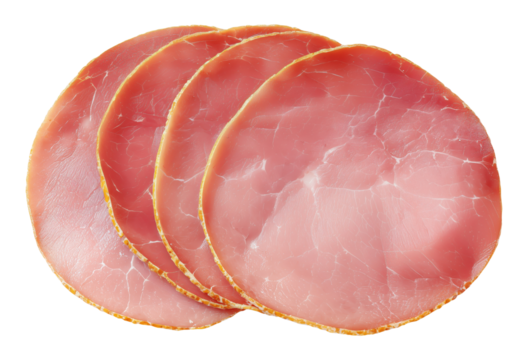 Fresh sliced ham arranged in overlapping rounds isolated on transparent background
