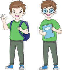 A cheerful boy in two poses, ready for school, with a backpack and waving, or with glasses and a book. Education concept
