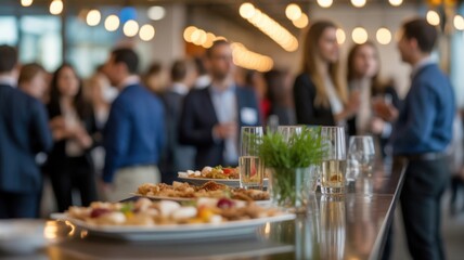 The Business Networking Event - A blurred photo of people socializing at a business networking event with a food and drink buffet in the foreground, for corporate events