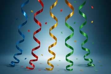 Colorful spiral ribbons and confetti suspended in air against a soft gradient blue background celebrating festive abstract concept with light effect. Ai generative