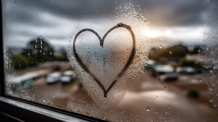 A fogged-up car window viewed close-up, with a clearly drawn heart shape traced by a finger in the mist
