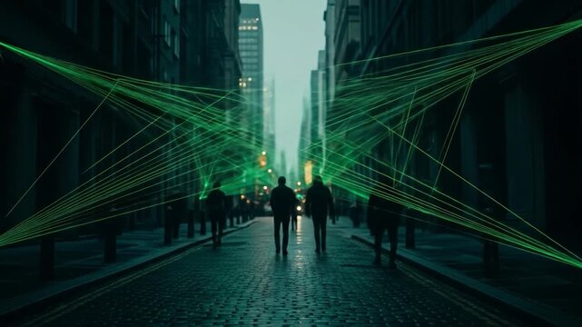 People Walking Down City Street with Green Abstract Overlay.