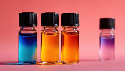 Colorful liquids in vials on pink background; lab research