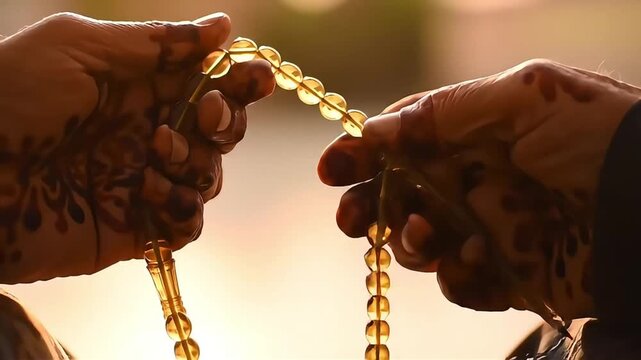 Hands Praying with Prayer Beads, Spiritual Devotion, Close-Up, Golden Light