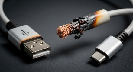 Hazardous Overload: A Severely Burnt USB Cable with Scorched Connectors and Exposed Wires.