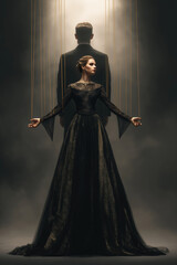 Fototapeta premium woman as puppet in black dress under control