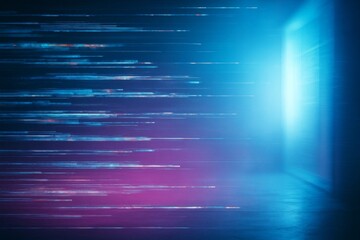 Abstract digital background with blue and purple motion blur lines in futuristic style on dark gradient floor, symbolizing data flow and technology. Ai generative