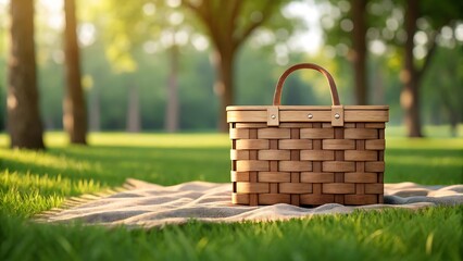 Woven basket on blanket in park picnic basket woven wood