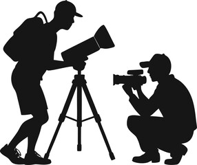 Silhouette of a professional photographer with a camera and tripod at sunset