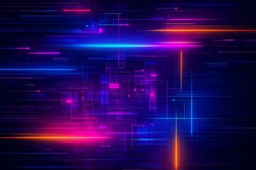 Futuristic neon abstract background with glowing lines and geometric shapes on dark backdrop, concept of high-tech digital light flow system. Ai generative