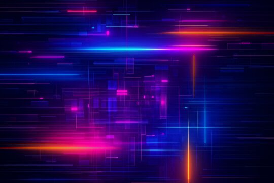 Futuristic neon abstract background with glowing lines and geometric shapes on dark backdrop, concept of high-tech digital light flow system. Ai generative