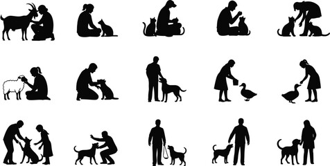 Silhouettes of people interacting with various animals, goats, dogs, cats, sheep, ducks, caring and feeding, companionship scenes, vector illustration design