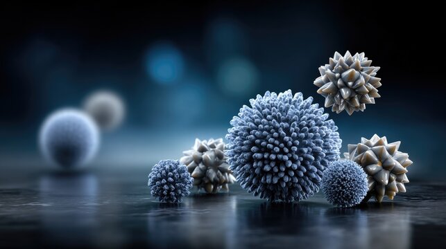 A high-resolution electron microscopy style visualization showing a diverse group of virus particles with various shapes--spherical, filamentous, icosahedral--scattered across a dark background - Powered by Adobe