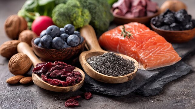 Nourishing superfoods including salmon, blueberries, chia seeds, walnuts, and broccoli for healthy eating