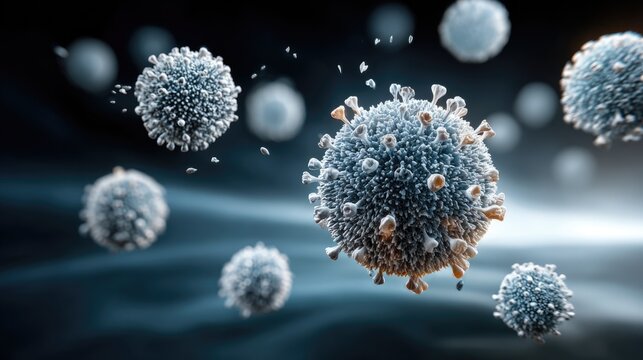 A high-resolution electron microscopy style visualization showing a diverse group of virus particles with various shapes--spherical, filamentous, icosahedral--scattered across a dark background