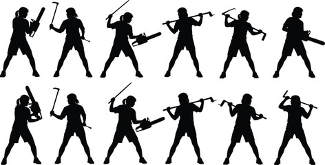 Silhouettes of person holding various tools and weapons, multiple poses, baseball bat, crowbar, chainsaw, versatile action, vector illustration design