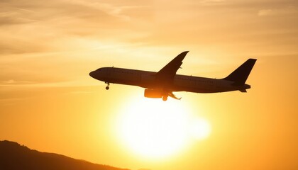 Silhouette of airplane taking off with sunrise in the background, travel freedom and new adventure metaphor 2