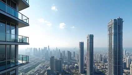 Obraz premium High-rise apartment tower exterior with glass balconies, urban skyline backdrop, modern real estate development project, no people