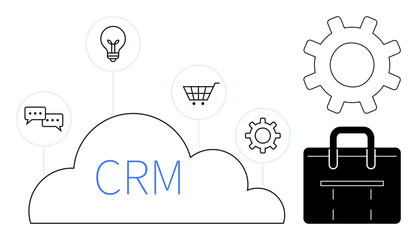 CRM in a cloud surrounded by shopping cart, lightbulb, chat, settings gear, and briefcase. Ideal for business, teamwork, organization technology customer service innovation operations. Simple