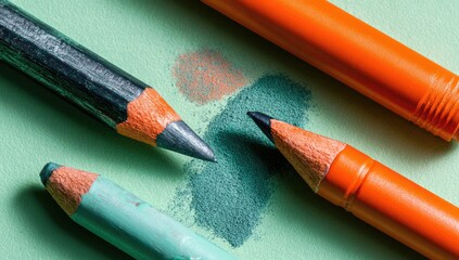Close-up of sharpened colored pencils & pastel shavings on a green background