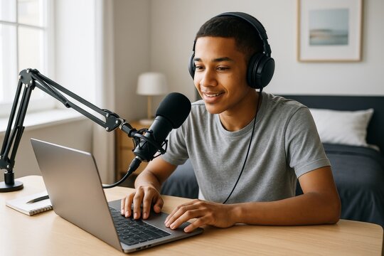 Teenager podcasting with headphones and microphone at desk using laptop in bright bedroom, enjoying creative hobby and leisure activity setup. Ai generative