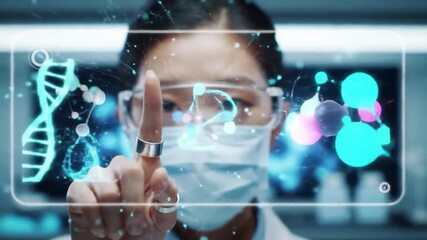 Scientist laboratory technology innovation DNA molecule research futuristic digital healthcare as female scientist interacts with transparent digital interface displaying molecular graphics - Powered by Adobe