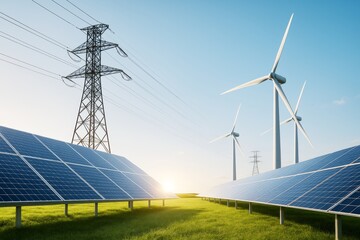 Solar panels, wind turbines, and power lines generating clean energy on grassy field under clear sky at sunrise, symbolizing renewable industry concept.