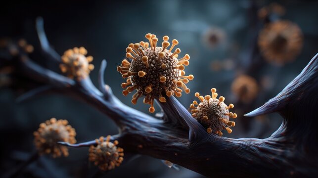 A photorealistic 3D microscopic rendering of herpes simplex virus particles interacting with a nerve cell