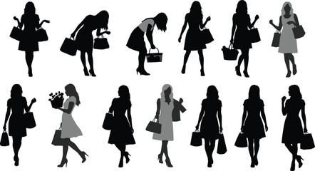 Silhouettes of women with shopping bags in various poses, carrying flowers, walking, shopping activities, consumer behavior, fashion marketing, vector illustration design