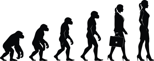 Silhouettes showing human evolution from primates to modern professionals with briefcase, business attire, societal progress concept, vector illustration design