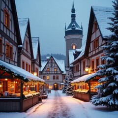 Fototapeta premium Charming Snowy Village Marketplace at Dusk